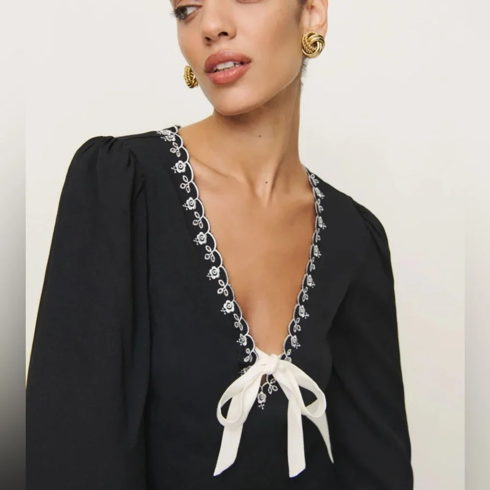 Reformation Black V-Neck Long Sleeve Blouse with White Ribbon & Embroidered Trim